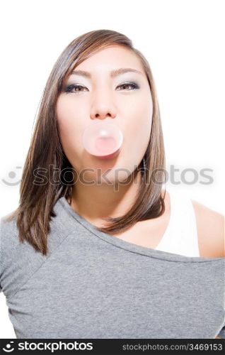 Attractive Young Woman Blowing Bubble Gum