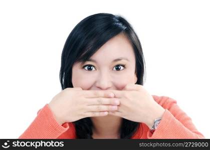 Attractive young woman covering her mouth with both hands