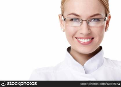 Attractive young woman doctor in glasses on white background