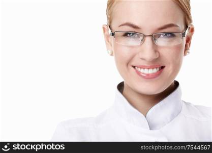 Attractive young woman doctor in glasses on white background