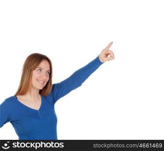 Attractive young woman indicating something isolated on a white background