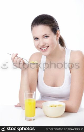 Attractive young woman lunching on white background