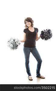 Attractive Young Woman Posing with Cheerleader Pom-Poms