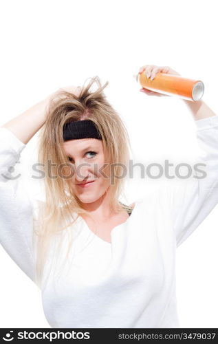 Attractive Young Woman Spraying Hairspray