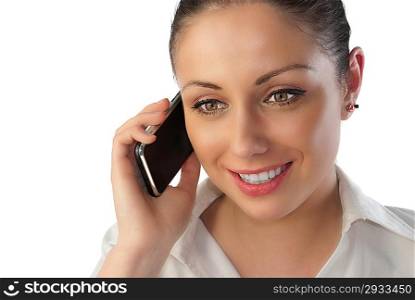 Attractive young woman talking over touch phone (business people isolated on white background series)
