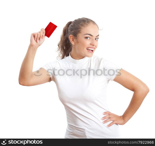 Attractive Young Woman with Blank Red Credit Card