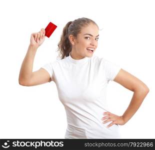 Attractive Young Woman with Blank Red Credit Card