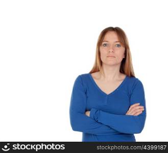 Attractive young woman with blue jersey isolated on a white background