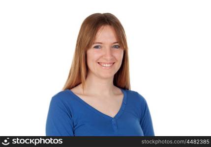 Attractive young woman with blue jersey isolated on a white background
