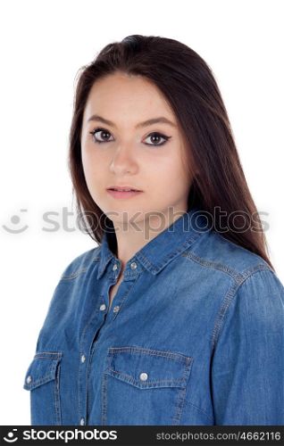 Attractive young woman with cowboy shirt isolated on a white background