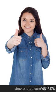 Attractive young woman with cowboy shirt isolated saying Ok