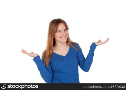 Attractive young woman with extensed arms smiling at camera isolated