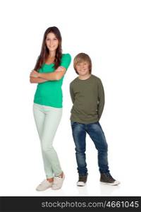 Attractive young woman with her brother isolated on a white background
