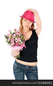 Attractive young woman with pink hat and carnation flowers posing on white isolated background