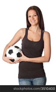 Attractive young woman with soccer ball isolated on a over white background