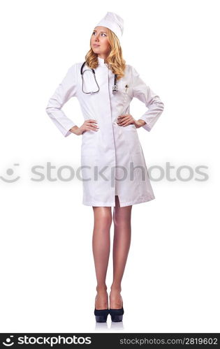 Attrative woman doctor isolated on white