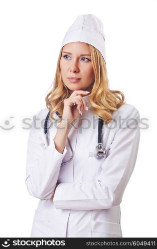 Attrative woman doctor isolated on white