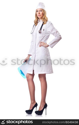 Attrative woman doctor isolated on white