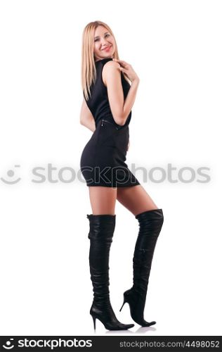 Attrative woman wearing topboots on white