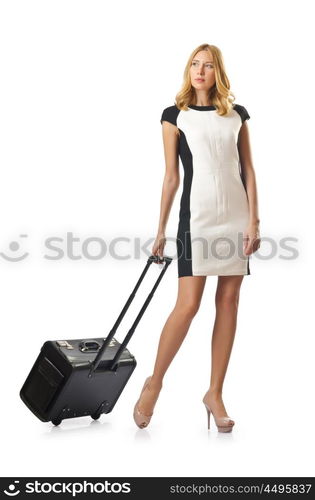 Attrative woman with suitcase on white