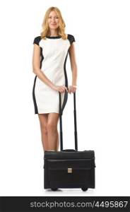 Attrative woman with suitcase on white