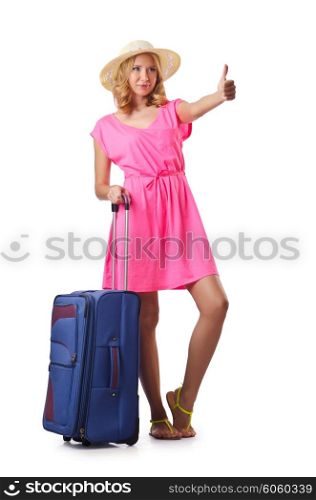 Attrative woman with suitcase on white