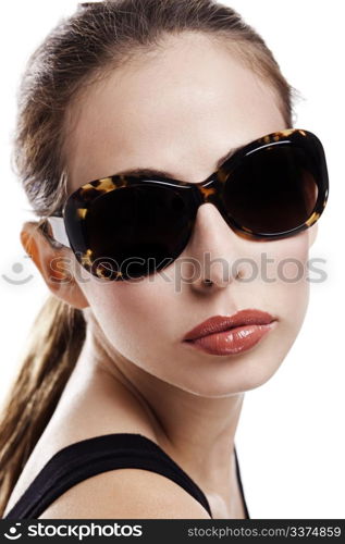 Attrractive fashion woman with sunglasses on isolated white background