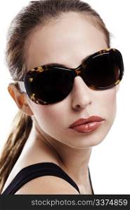 Attrractive fashion woman with sunglasses on isolated white background