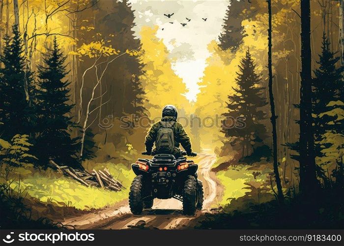 atv driver on forest trail, with view of towering trees and the sound of wind in the leaves, created with generative ai. atv driver on forest trail, with view of towering trees and the sound of wind in the leaves