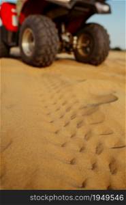 Atv in desert, closeup view on tread marks, nobody. Quad bike, sandy race, dune safari in hot sunny day, 4x4 extreme adventure, quad-biking. Atv in desert, closeup view on tread marks, nobody