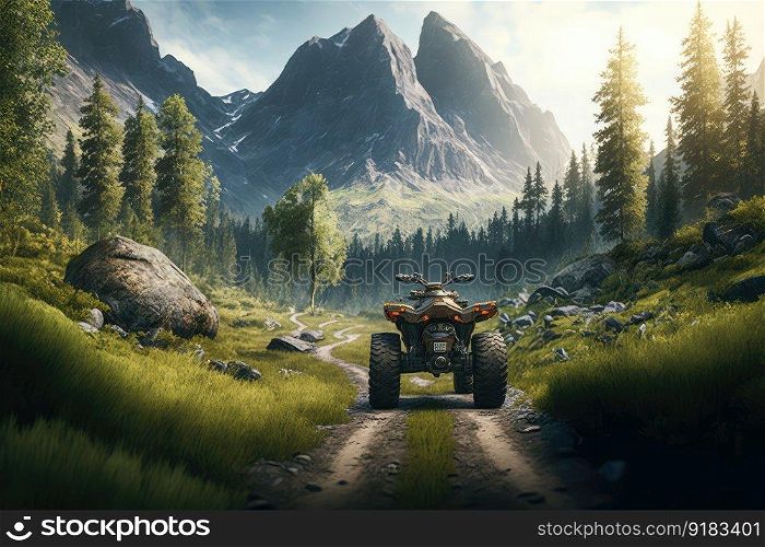 atv winding through the forest, with a picturesque mountain in the background, created with generative ai. atv winding through the forest, with a picturesque mountain in the background