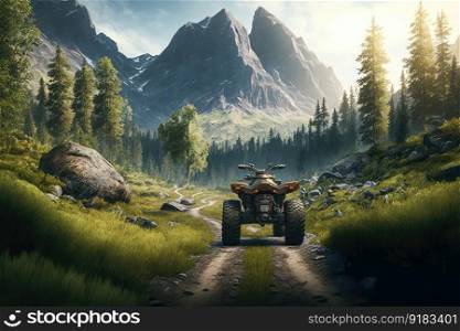 atv winding through the forest, with a picturesque mountain in the background, created with generative ai. atv winding through the forest, with a picturesque mountain in the background