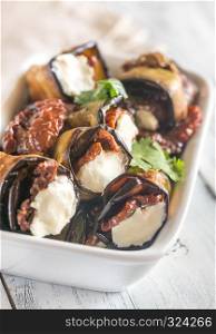 Aubergine rolls with cream cheese and sun-dried tomatoes