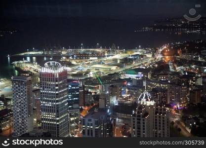 Auckland aerial view at night, New Zealand.