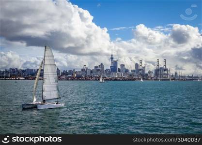Auckland city center view from the sea and sailing ship, New Zealand. Auckland view from the sea and sailing ship, New Zealand. Auckland view from the sea and sailing ship, New Zealand