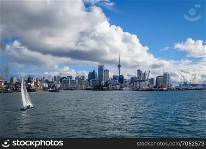 Auckland city center view from the sea and sailing ship, New Zealand. Auckland view from the sea and sailing ship, New Zealand