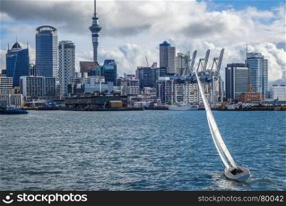 Auckland city center view from the sea and sailing ship, New Zealand. Auckland view from the sea and sailing ship, New Zealand