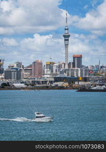 Auckland city skyline at city center and Auckland Sky Tower, the iconic landmark of Auckland, New Zealand.