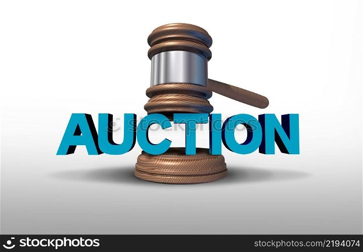 Auction concept and auctioneer symbol as a bidding or bid idea or estate sale icon with an auctioning mallet as a 3D illustration.