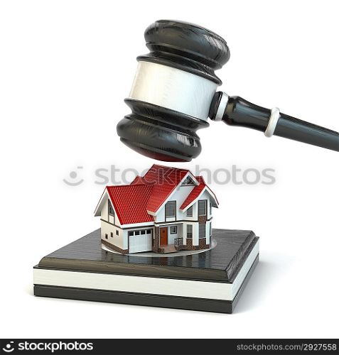 Auction. Gavel, sound block and house. 3d