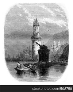 Audernach of view on the Rhine, vintage engraved illustration. Magasin Pittoresque 1843.