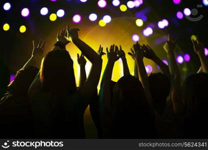 Audience watching a rock show, hands in the air, rear view, stage lights