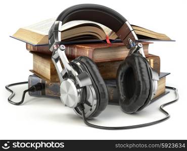 Audio books concept. Vintage books and headphones. 3d