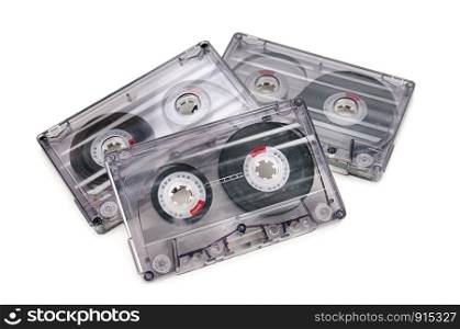 Audio cassettes isolated on white background. Musical retro equipment.