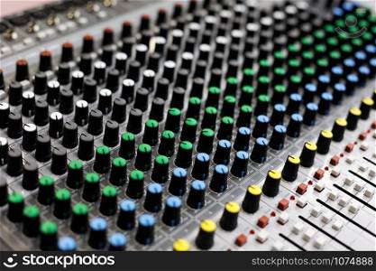 Audio sound mixer control panel. Selective focus.