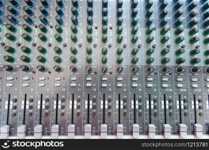 Audio sound mixer control panel top view. Sound console buttons for adjust the volume