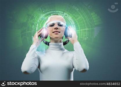 Audio technologies. Young woman in white wearing headphones against media background