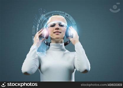 Audio technologies. Young woman in white wearing headphones against media background