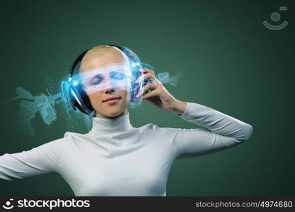 Audio technologies. Young woman in white wearing headphones against media background