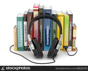 Audiobook concept. Headphones and books on white isolated background.